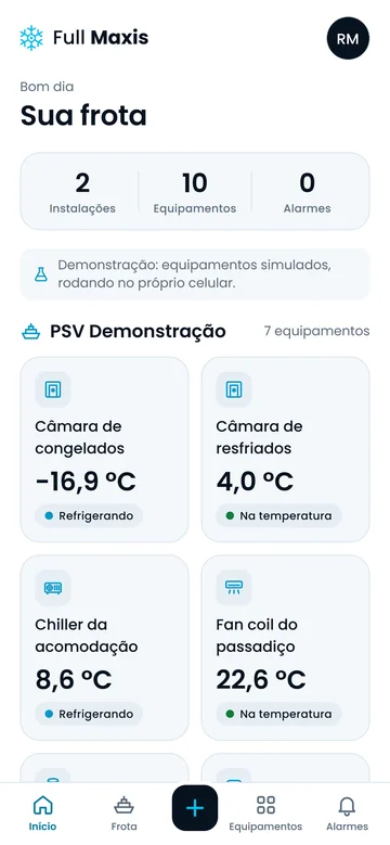 Tela Início do Full Maxis na demonstração: Sua frota, com os blocos dos equipamentos e a temperatura de cada um, como a câmara de congelados a −16,9 °C, refrigerando.